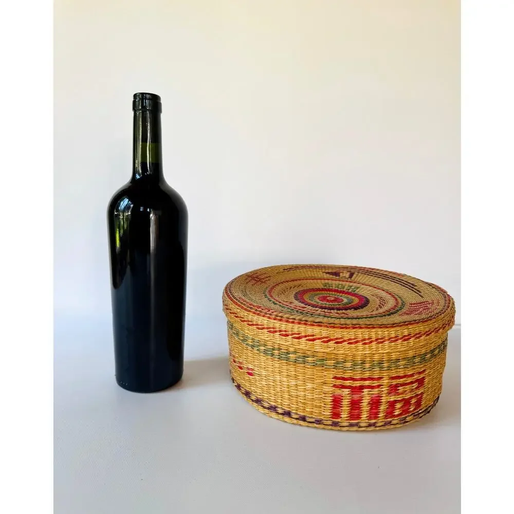Vintage Handwoven Lidded Sweetgrass Basket with Colorful Geometric Design